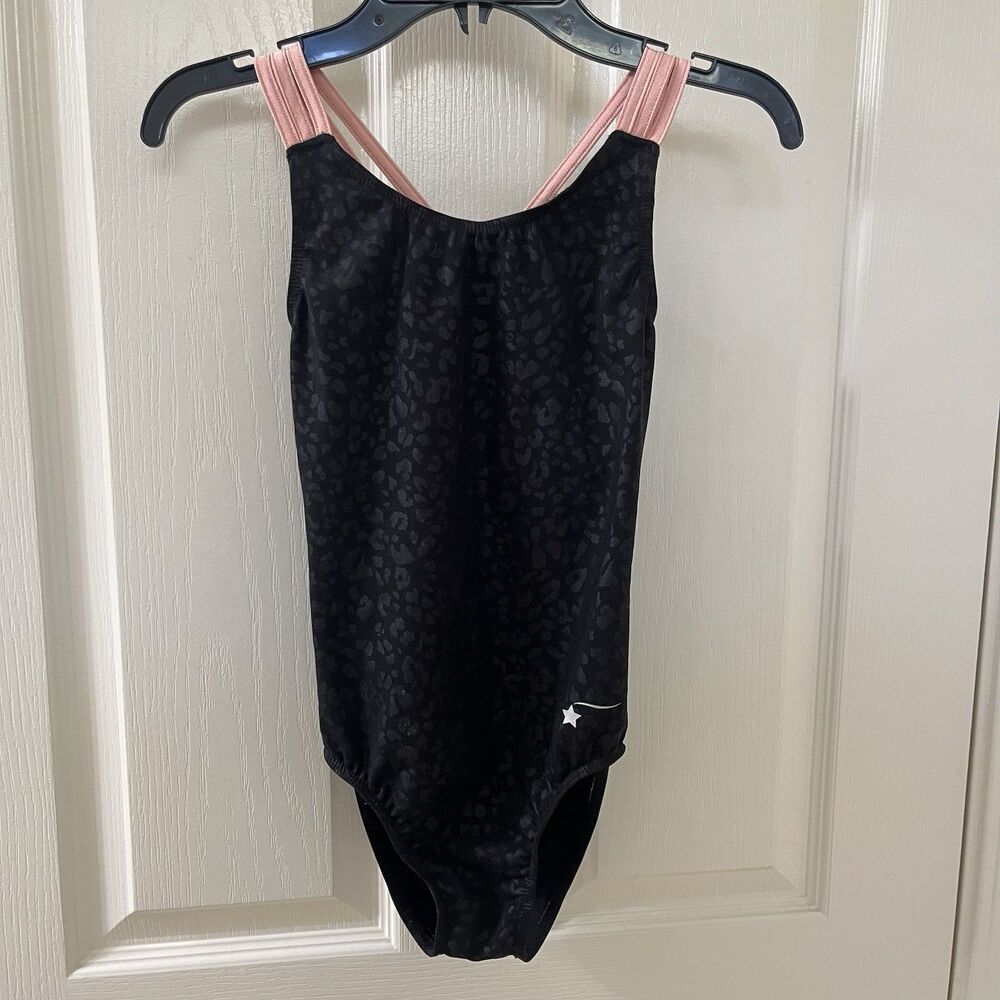 Destira Gymnastics Black Jaguar Print Leotard Pink Crisscross Straps SZ Child L
